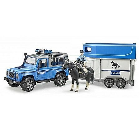 Bruder Land Rover Defender Policajné auto s nosičom koní, koňom a policajtom (02588)