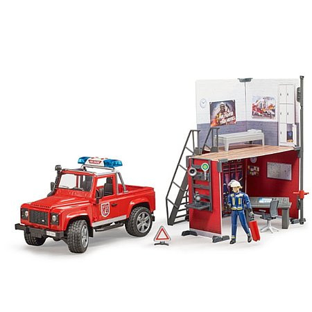 Bruder Bworld hasičská stanica s Land Rover Defender hasičským autom - KP HRAČKA